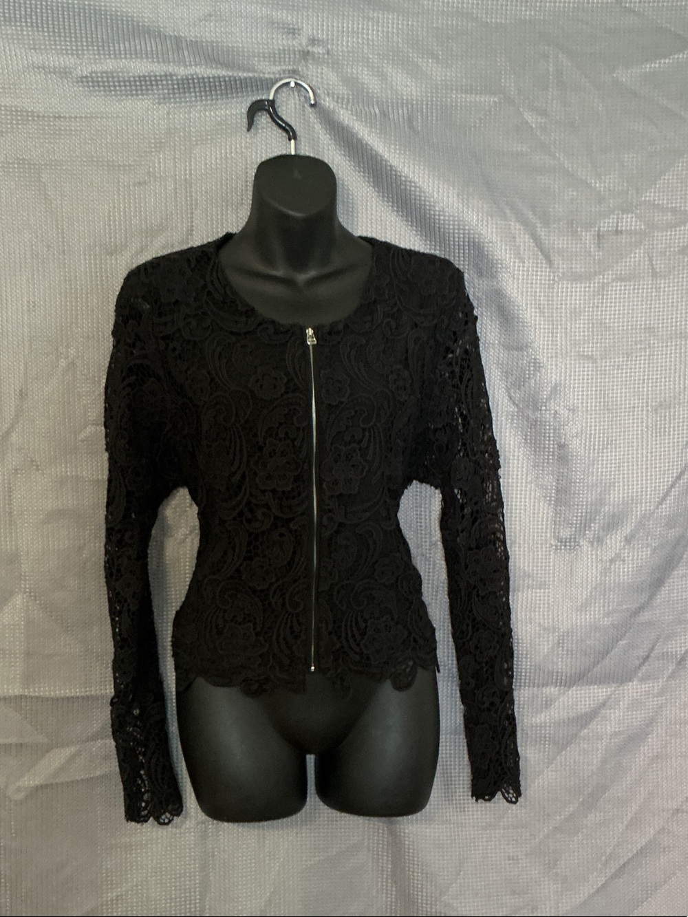 Anthropologie Black Lace Zip Blazer with Scalloped Edges